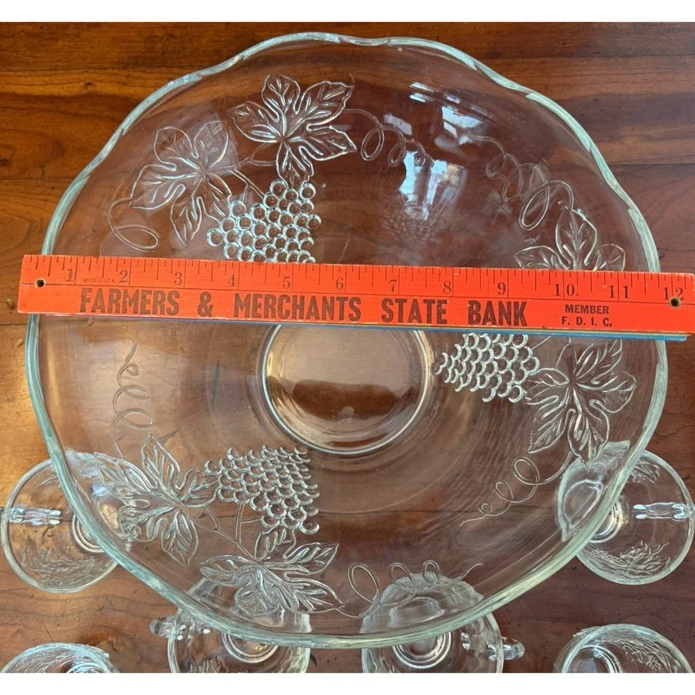 Vintage Anchor Hocking Harvest Grape Punch Bowl Set 9 Pieces Clear Glass Ruffled